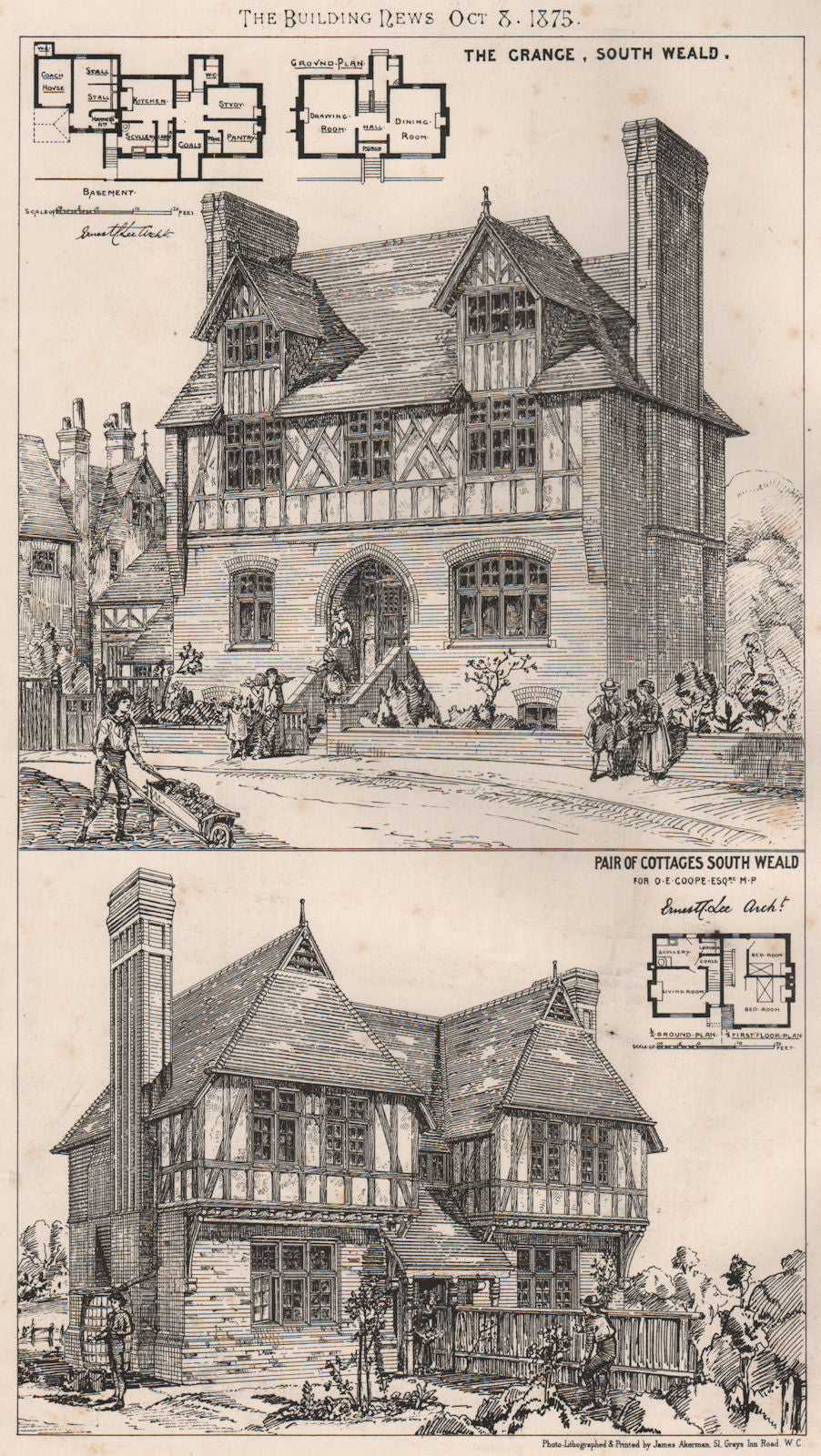 The Grange & pair of cottages, South Weald for O.E. Coope M.P.. Essex 1875